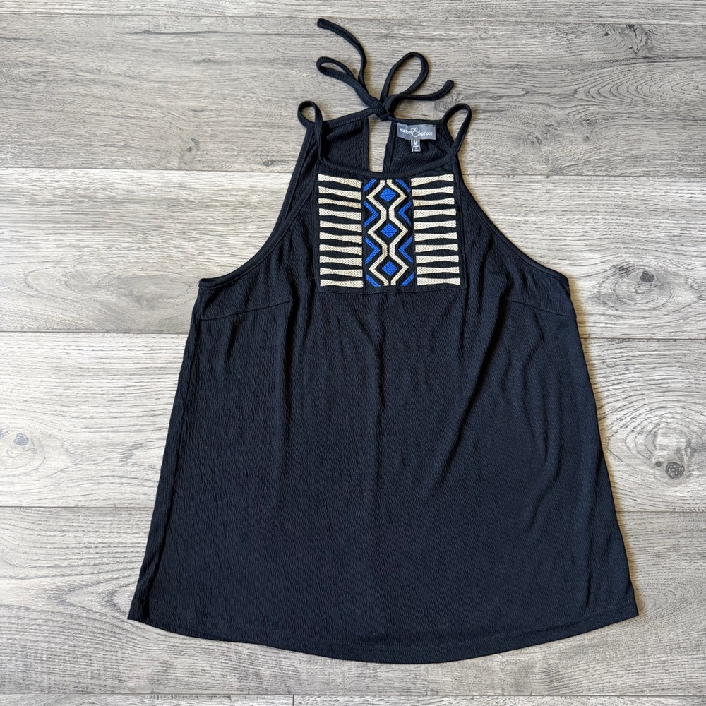 Market & Spruce Embroidered Halter Top - Black/Blue/Cream - Size Medium